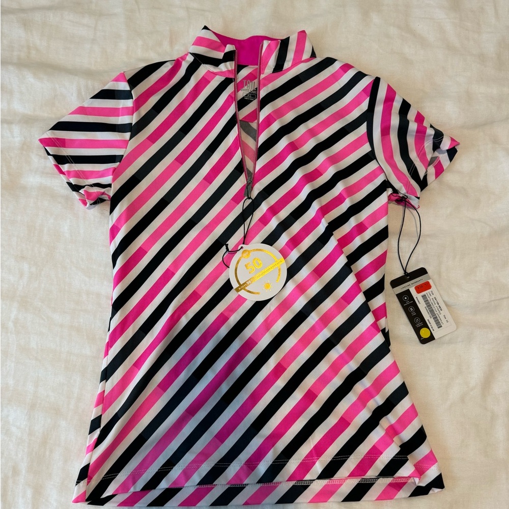 Striped Golf Shirt - Pink, Black, White